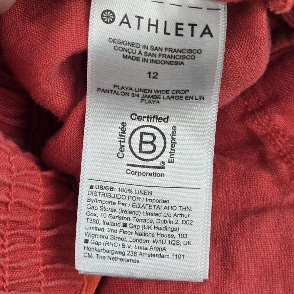 Athleta Women Pants 12 Red Linen Wide Leg Crop Pleated 24" Inseam‎ - Picture 3 of 11